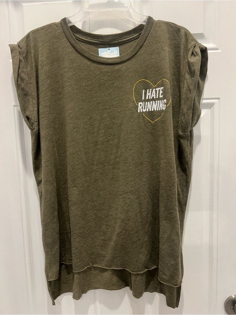 Pep & BB Flowy Muscle Tee Women's Lightweight Olive L 'I Hate Running' #965